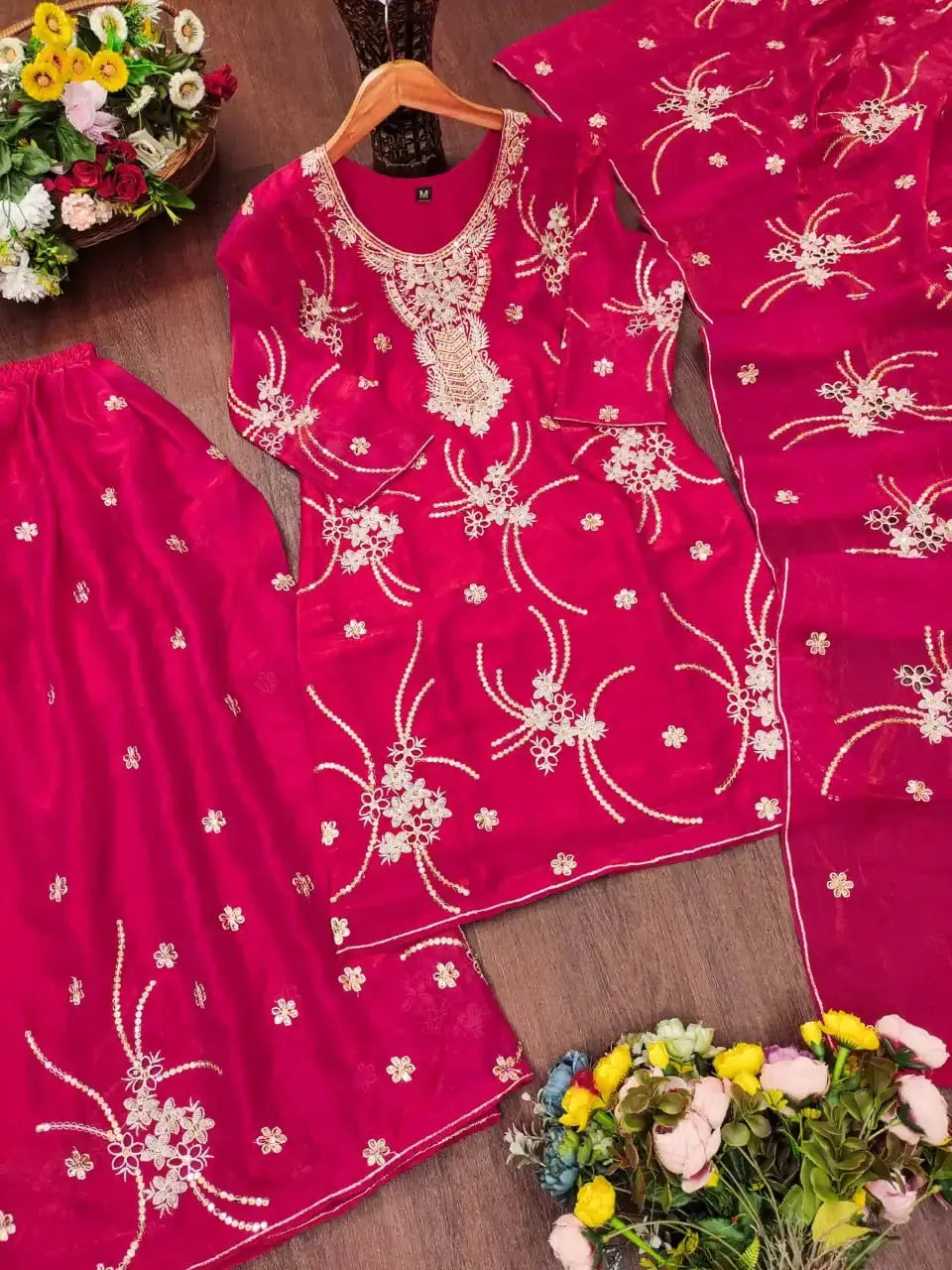 Crimson Red Sequins Embroidered Suit Set Flat Lay – Suit Sharara and Dupatta