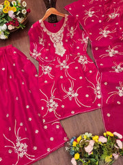Crimson Red Sequins Embroidered Suit Set Flat Lay – Suit Sharara and Dupatta