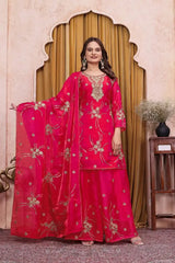 Crimson Red Sequins Embroidered Suit with Sharara and Dupatta – Front View