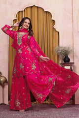 Crimson Red Sequins Embroidered Suit in Fendy Silk – Front Model View