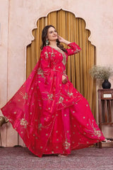 Crimson Red Fendy Silk Suit Full Length Flowing View