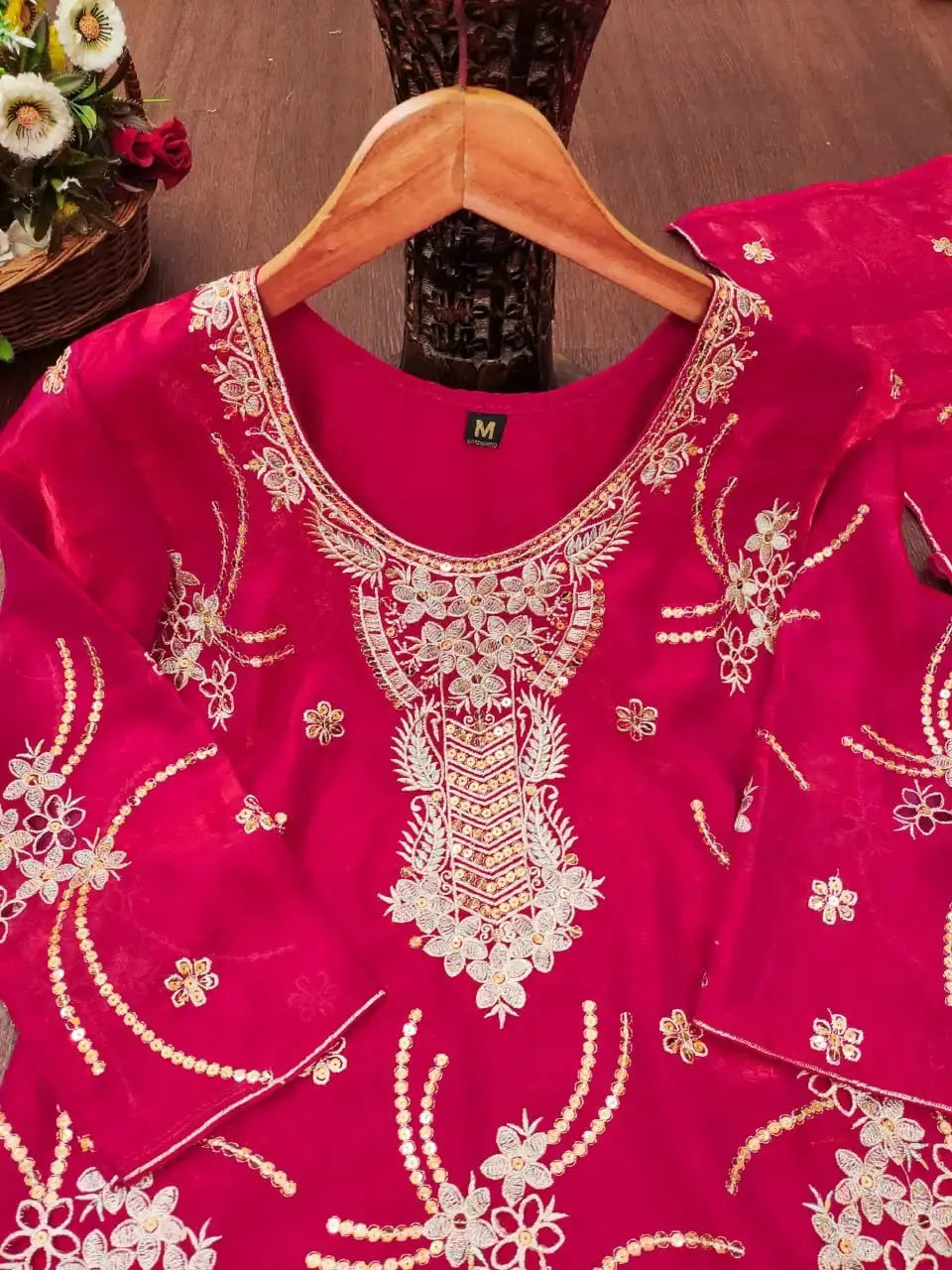 Crimson Red Suit Neckline and Embroidery Detail on Hanger