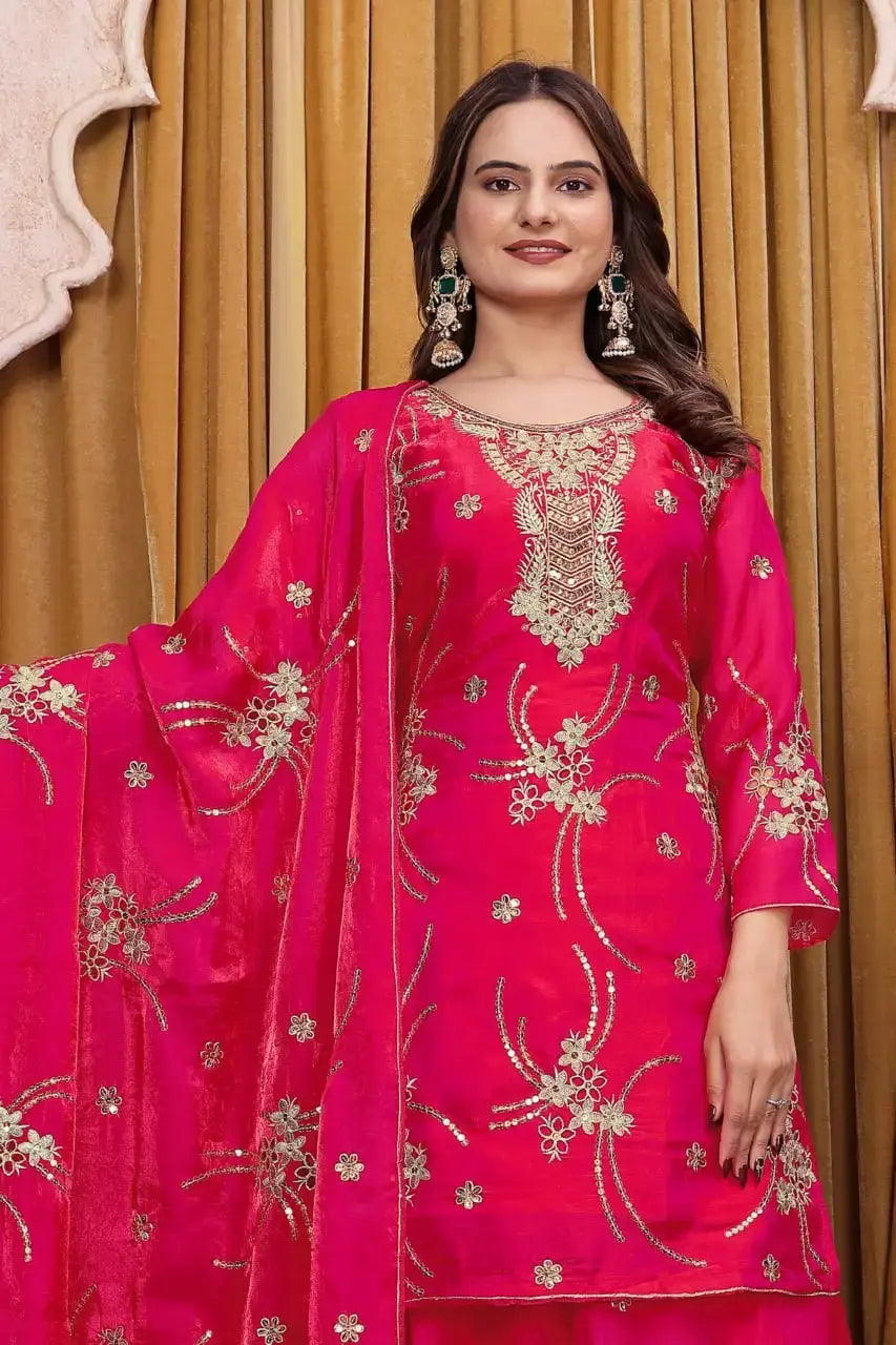 Round Neck Sequins Embroidered Detail on Crimson Red Fendy Silk Suit
