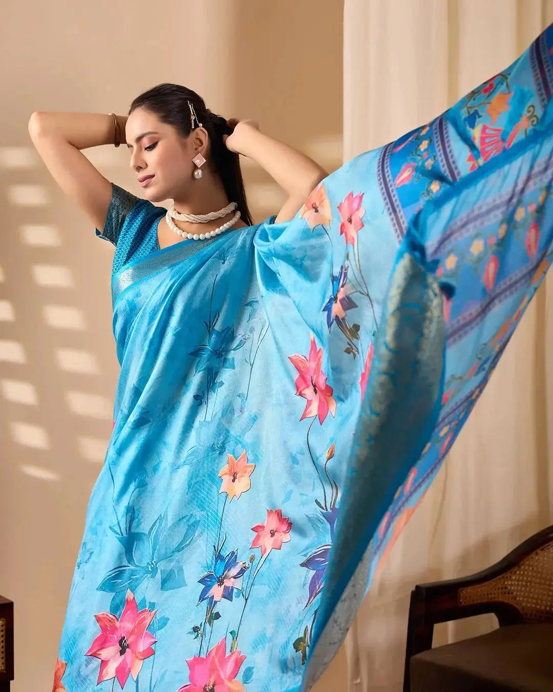 Elegant Sky Blue Saree with Floral Digital Print, Woven Border, Tassel Pallu, and Matching Designer Blouse