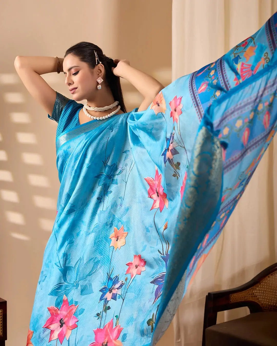 Elegant Sky Blue Saree with Floral Digital Print, Woven Border, Tassel Pallu, and Matching Designer Blouse