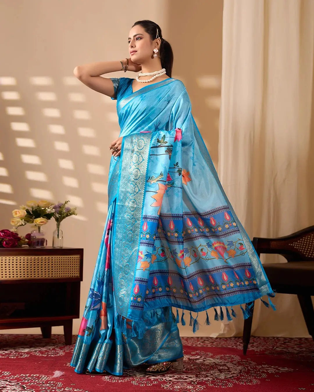 Women's Sky Blue Ethnic Saree with Floral Digital Print, Traditional Border Design, and Soft Elegant Drape