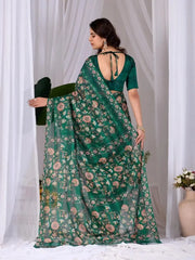 Dark Green Digital Floral Print Saree – back view with blouse back tie detail