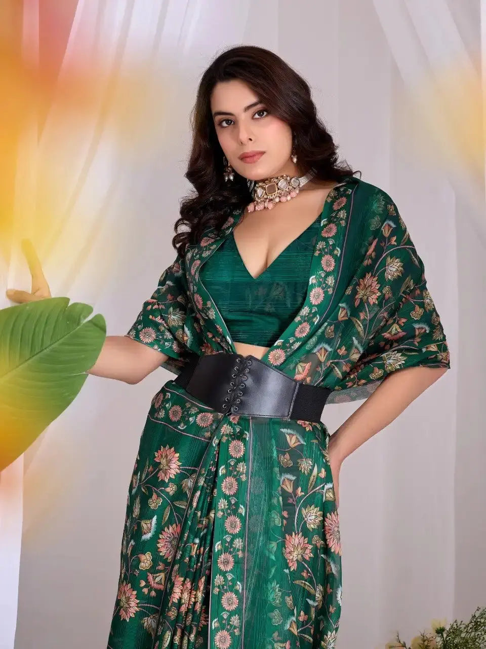 Dark Green Saree – upper drape close-up with corset belt contemporary styling