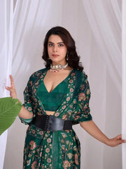 Dark Green Digital Floral Print Saree – styled drape close-up with corset belt