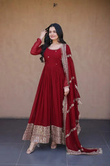 Dark Maroon Faux Blooming Anarkali Suit Angled View – Full Sleeve with Embroidered Hem