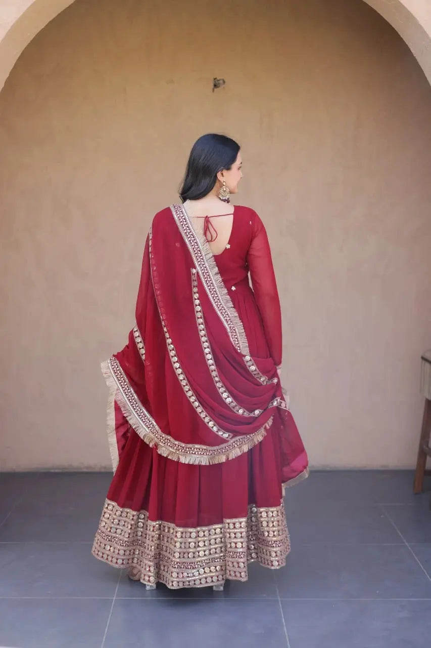 Dark Maroon Anarkali Suit Back View – Open Back with Dori Tie-Up and Embroidered Hem KU222