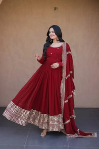 Dark Maroon Pipe Beads Embroidered Anarkali Suit – Sequins Work with Dupatta
