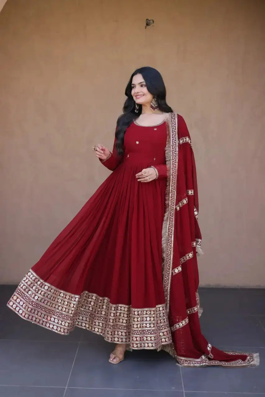 Dark Maroon Pipe Beads Embroidered Anarkali Suit – Dynamic Front View with Tassel Border Dupatta