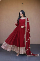 Dark Maroon Pipe Beads Embroidered Anarkali Suit – Dynamic Front View with Tassel Border Dupatta