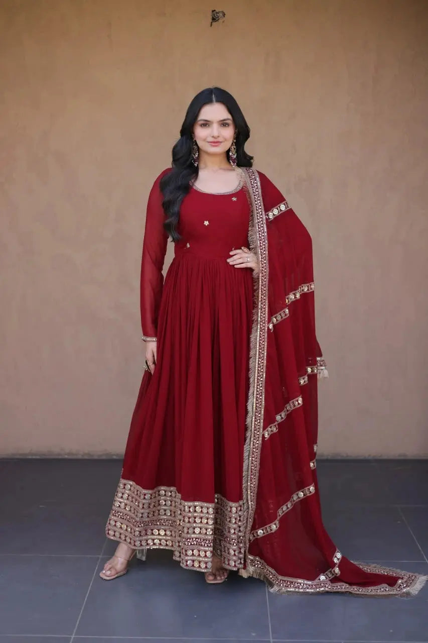 Dark Maroon Anarkali Suit Full Front View – Faux Blooming with Sequins & Zari Hem Border