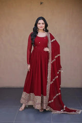 Dark Maroon Anarkali Suit Full Front View – Faux Blooming with Sequins & Zari Hem Border