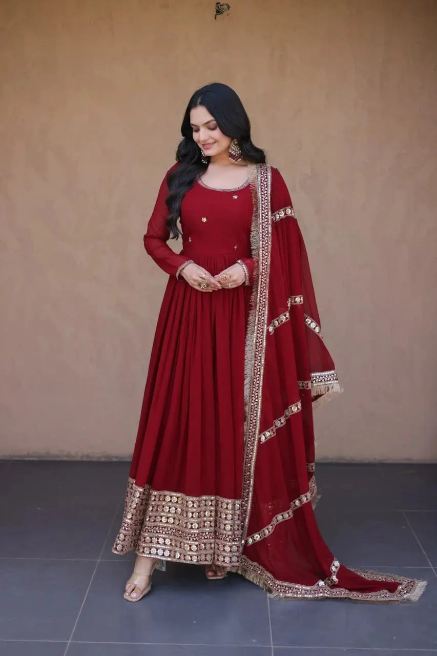 Dark Maroon Anarkali Suit Portrait – Round Neck with Scattered Booti and Sequins Embroidery