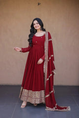 Dark Maroon Anarkali Suit 3-4 View – Embroidered Hem Border in Gold Zari and Sequins