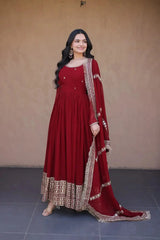 Dark Maroon Anarkali Suit Side View – Sequins & Zari Embroidered Border with Trailing Dupatta