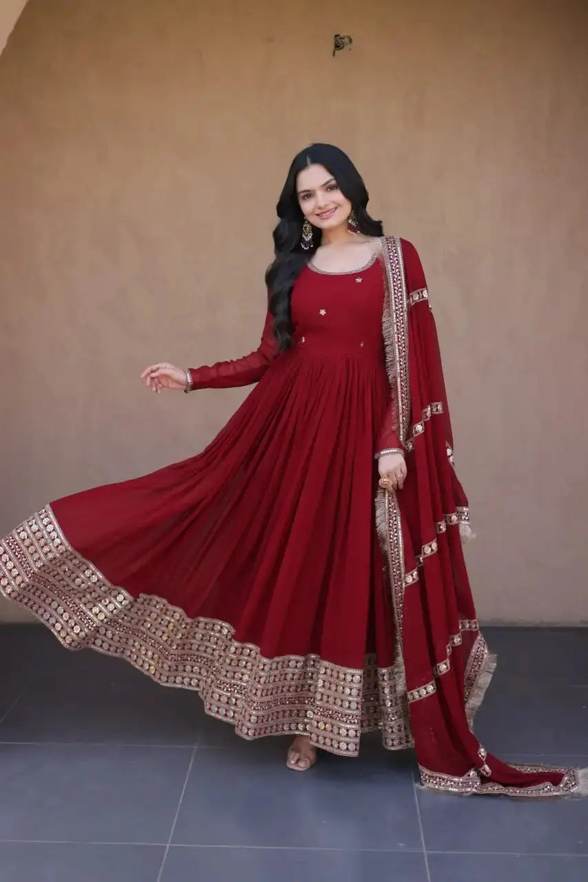 Dark Maroon Sequins Embroidered Anarkali Suit – Faux Blooming with Zari Work Detail