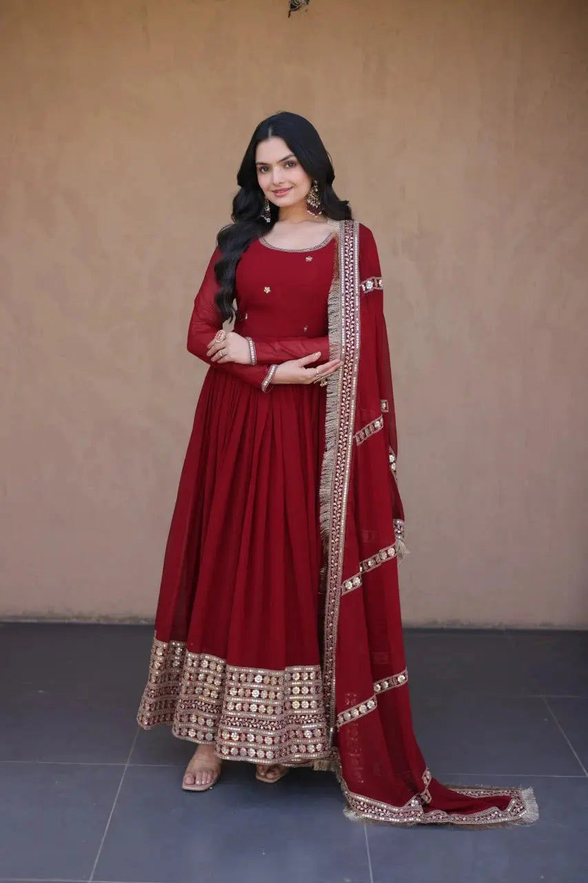 Dark Maroon Pipe Beads Embroidered Suit with Dupatta Draped – Floor-Length 56 Inch View