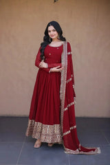 Dark Maroon Pipe Beads Embroidered Suit with Dupatta Draped – Floor-Length 56 Inch View