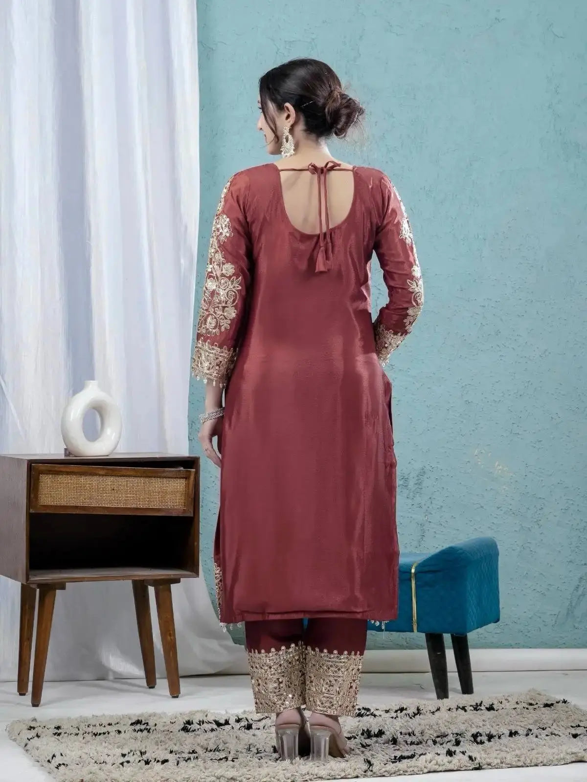 Dark Maroon Suit Back View – U-Back with Dori Bow Tie-Up Design