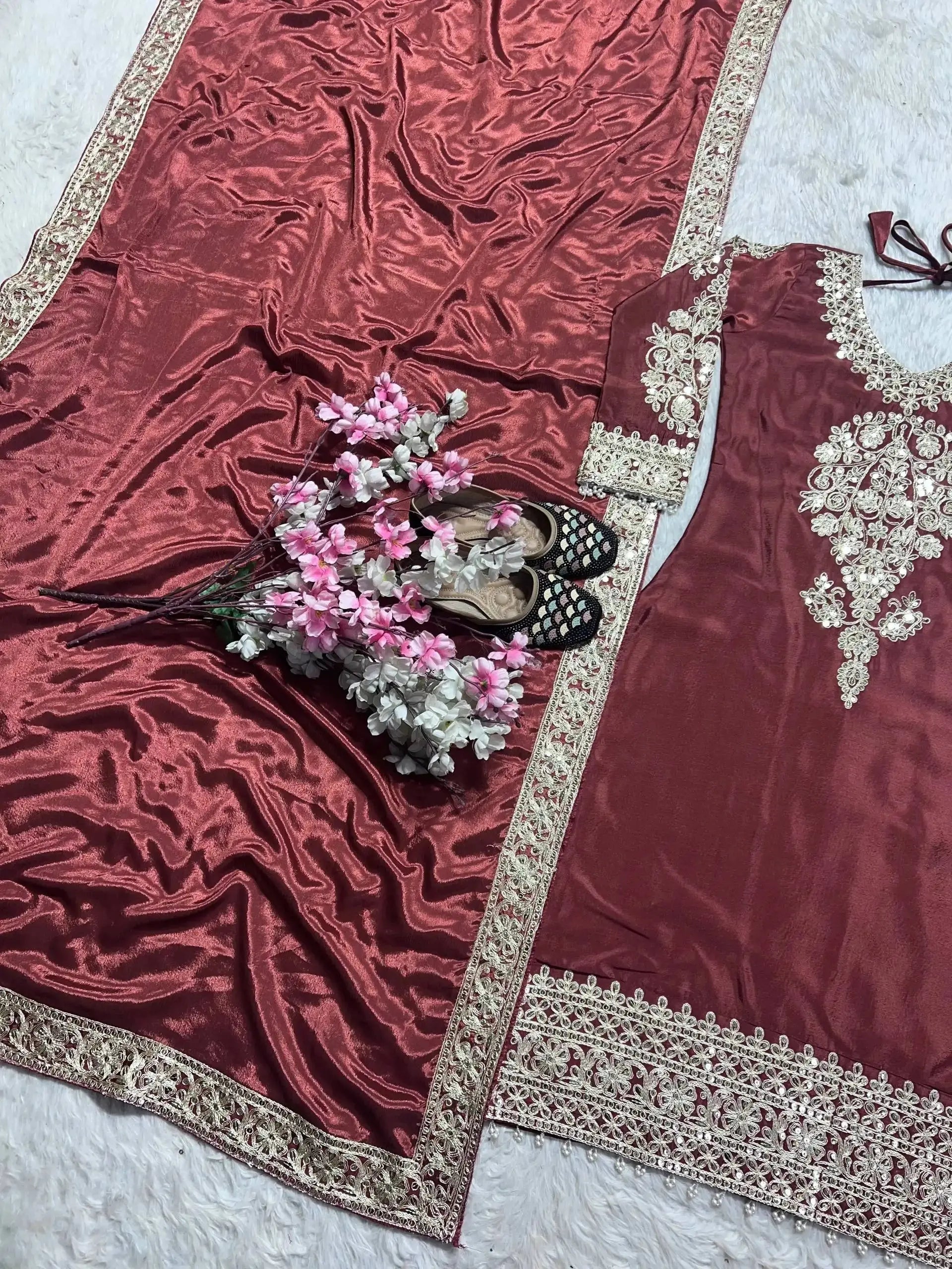Dark Maroon Embroidered Border Dupatta Detail – Chinon Silk Blend with Gold Lace Border