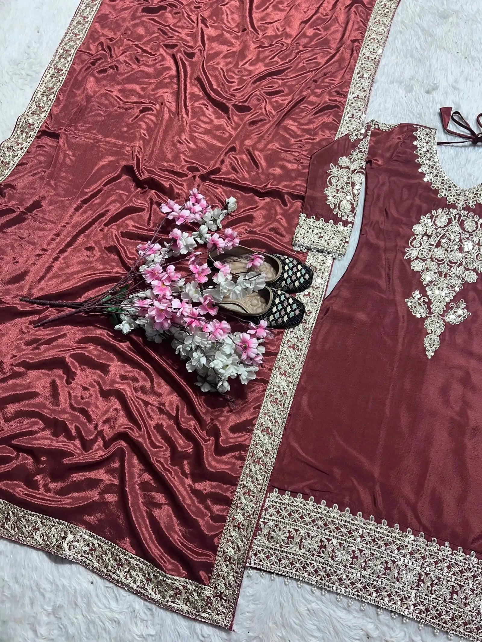Dark Maroon Embroidered Border Dupatta Detail – Chinon Silk Blend with Gold Lace Border