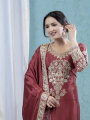 Close-Up of Medallion Sequins Embroidery on Dark Maroon Chinon Silk Blend Suit