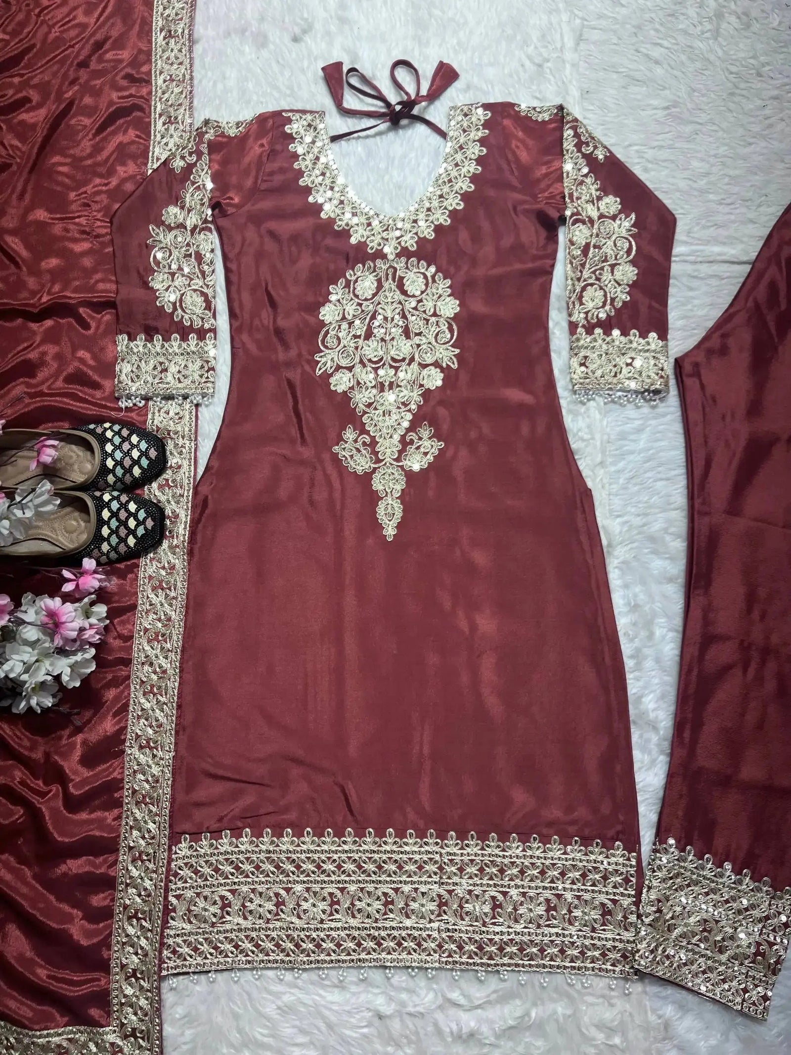 Dark Maroon Sequins Embroidered Suit Flat Lay – Kurta Front with Neckline and Hem Detail