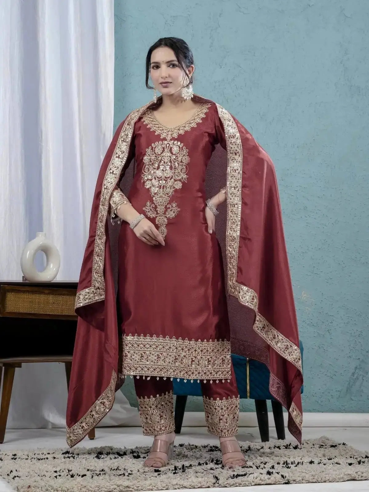 Dark Maroon Sequins Embroidered Straight Suit – Full Front View with Embroidered Border Dupatta