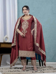 Dark Maroon Sequins Embroidered Straight Suit – Full Front View with Embroidered Border Dupatta