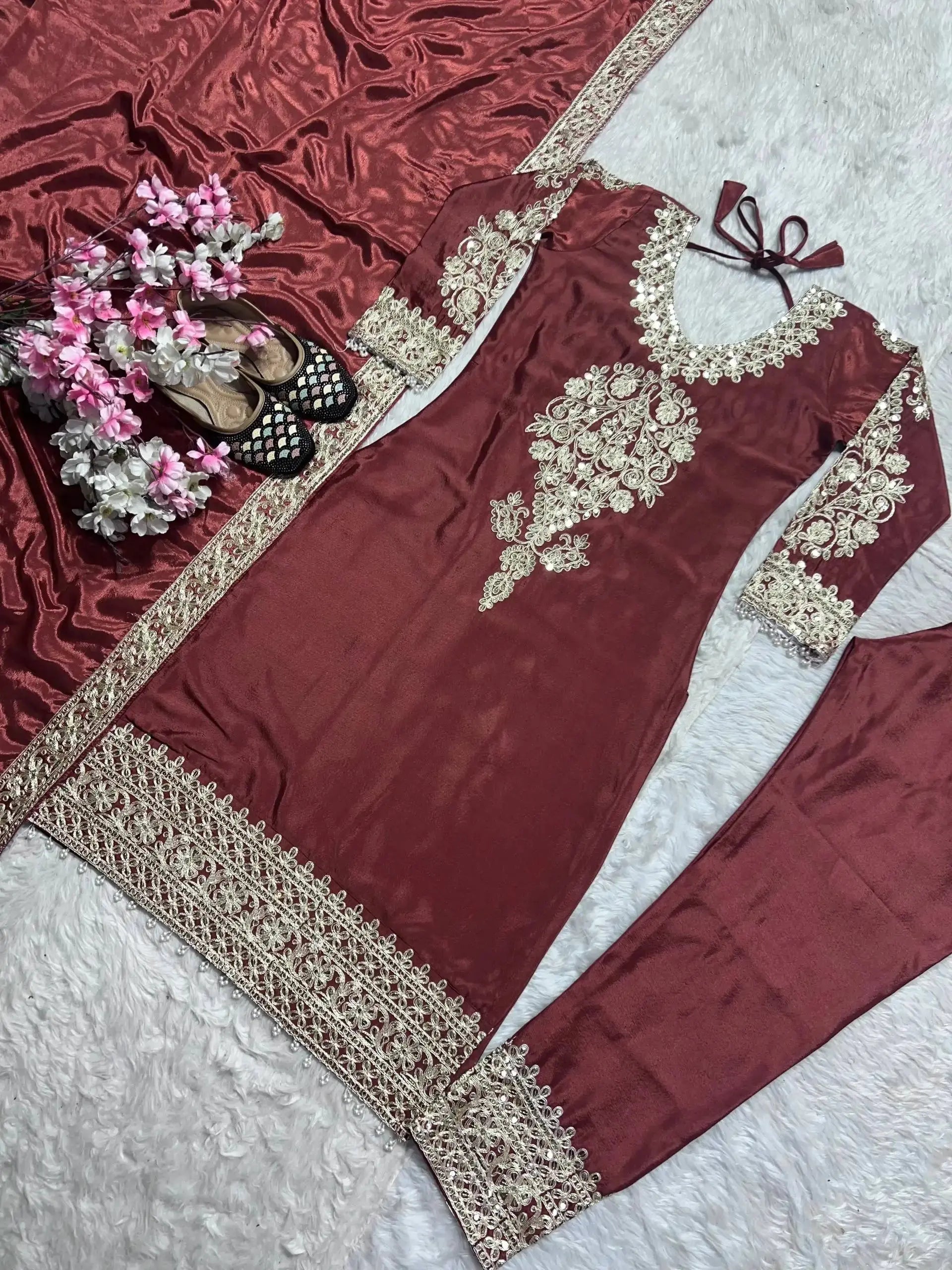 Dark Maroon Suit Full Set Flat Lay – Suit, Pant and Dupatta Spread KU220