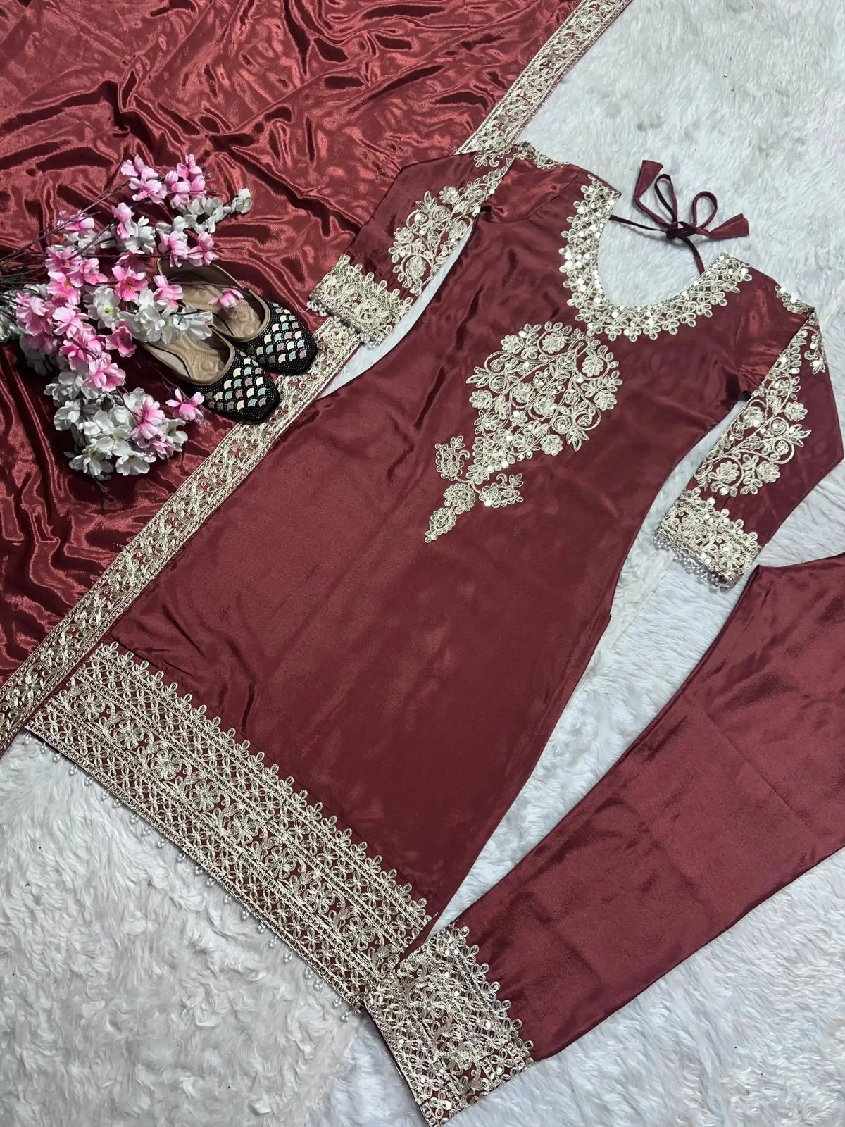 Dark Maroon Suit Full Set Flat Lay – Suit, Pant and Dupatta Spread KU220