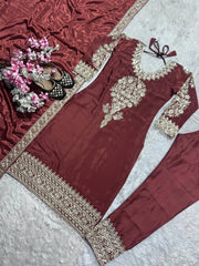 Dark Maroon Suit Full Set Flat Lay – Suit, Pant and Dupatta Spread KU220