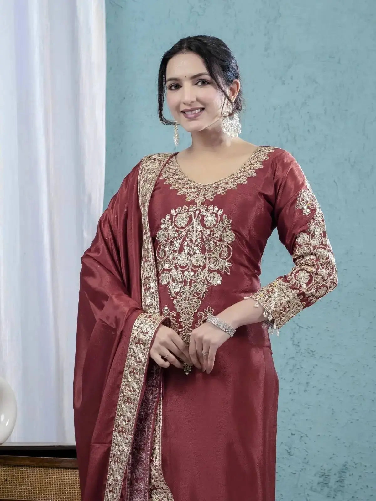 Dark Maroon Pakistani Suit Portrait – Round Neck with Medallion Sequins Embroidered Panel