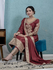 Dark Maroon Sequins Embroidered Suit Seated – Showing Pant Hemline Embroidery Detail