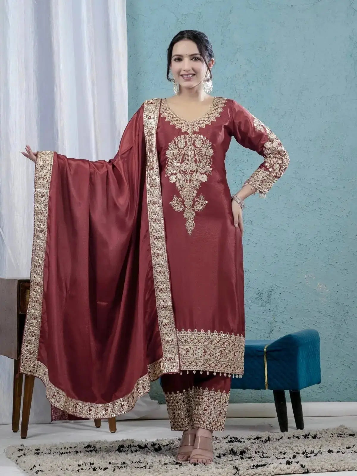 Dark Maroon Pakistani Suit with Sequins Embroidery – Model Holding Embroidered Dupatta