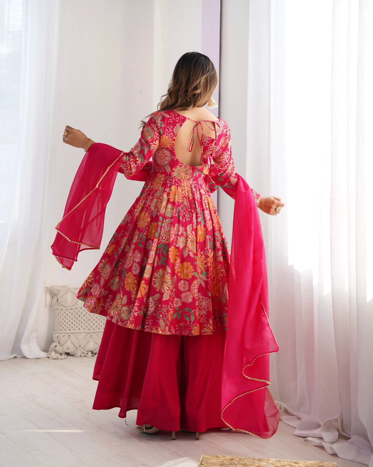 Dark Pink Discharge Print Suit back view showing keyhole tie-up