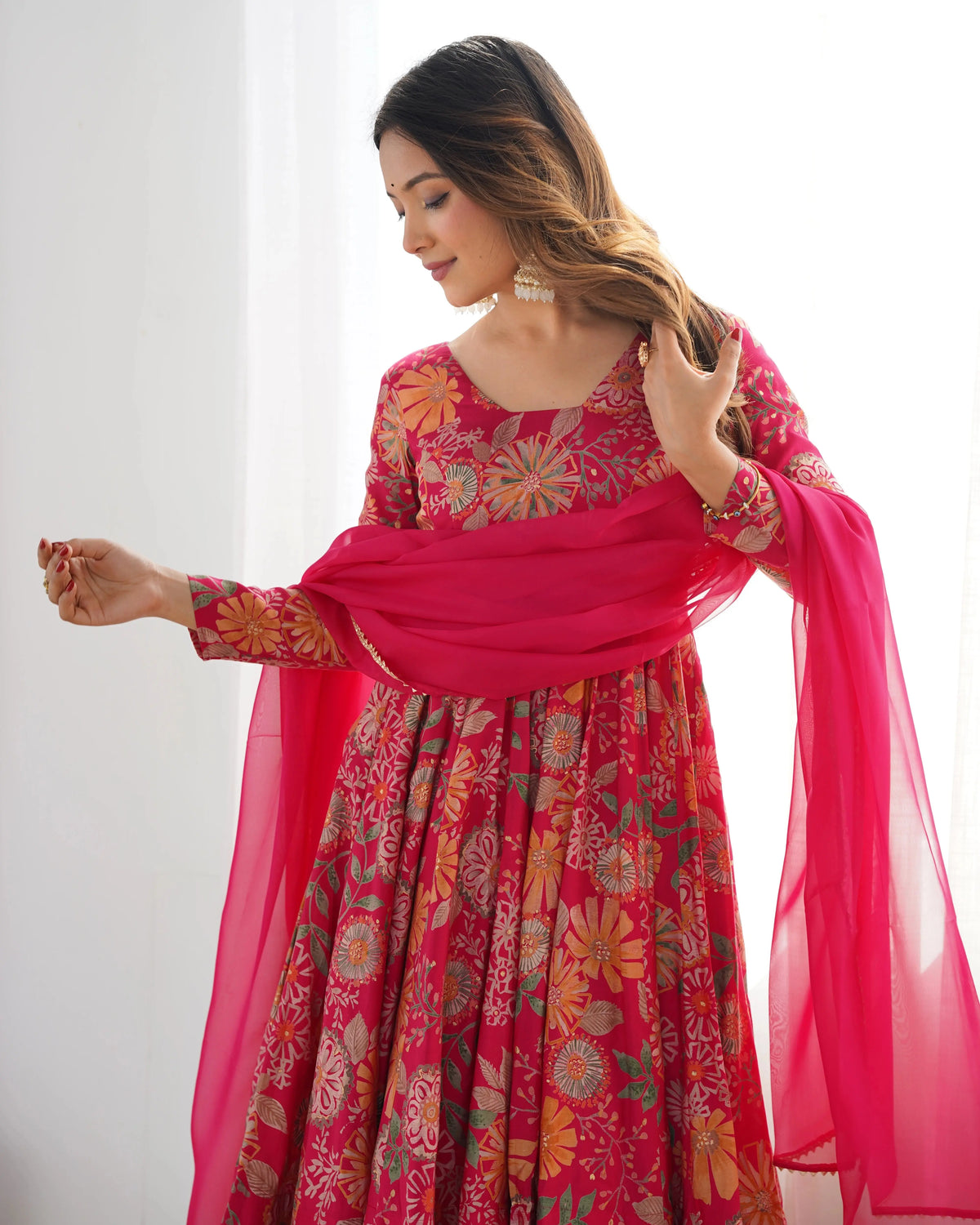 Close-up of Dark Pink Discharge Print Suit dupatta and lace border