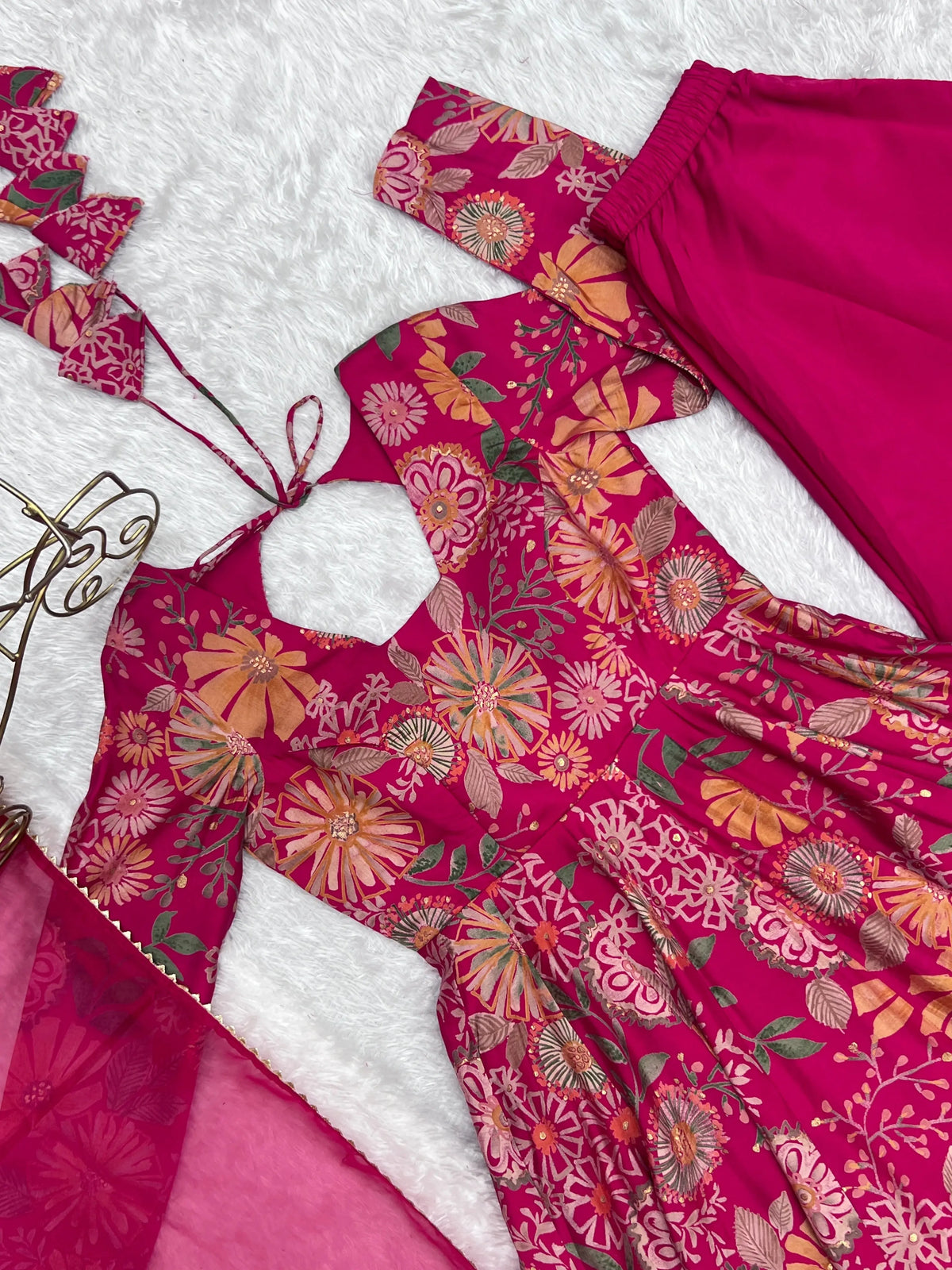 Dark Pink Discharge Print Suit flat lay showing kurta, palazzo and dupatta set