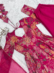 Dark Pink Discharge Print Suit flat lay showing kurta, palazzo and dupatta set