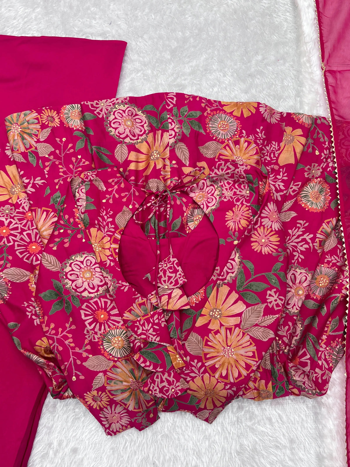 Dark Pink Discharge Print Suit flat lay with keyhole back tie detail
