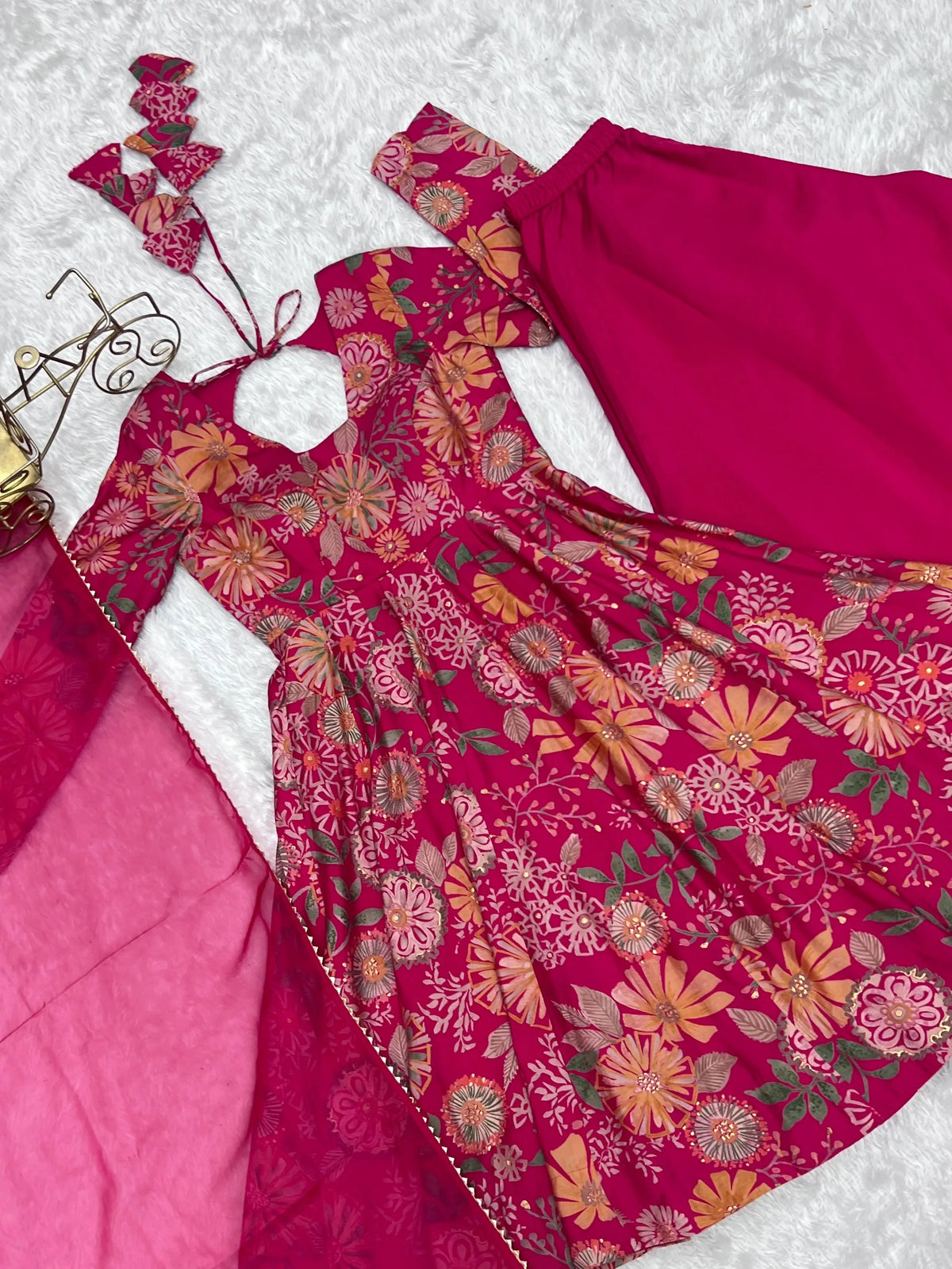 Dark Pink Discharge Print Suit flat lay showing sleeves and print