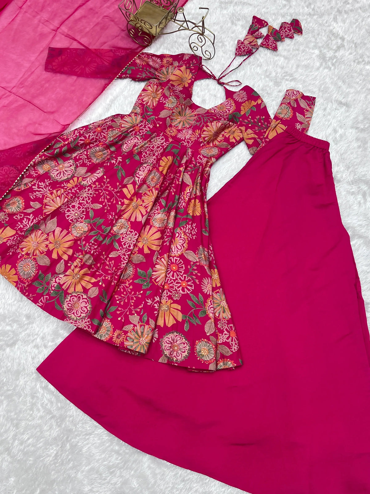 Dark Pink Discharge Print Suit flat lay, full set overview
