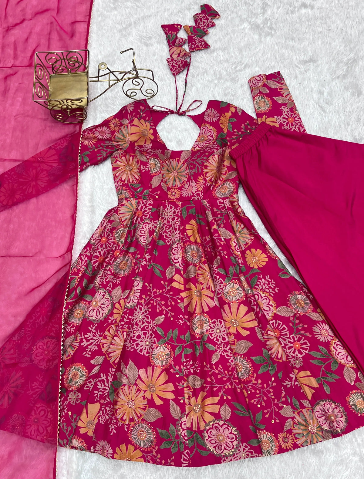 Dark Pink Discharge Print Suit flat lay close-up of kurta and palazzo