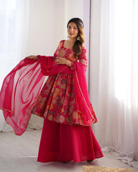 Dark Pink Discharge Print Suit – Palazzo Set, Casual Festive Wear
