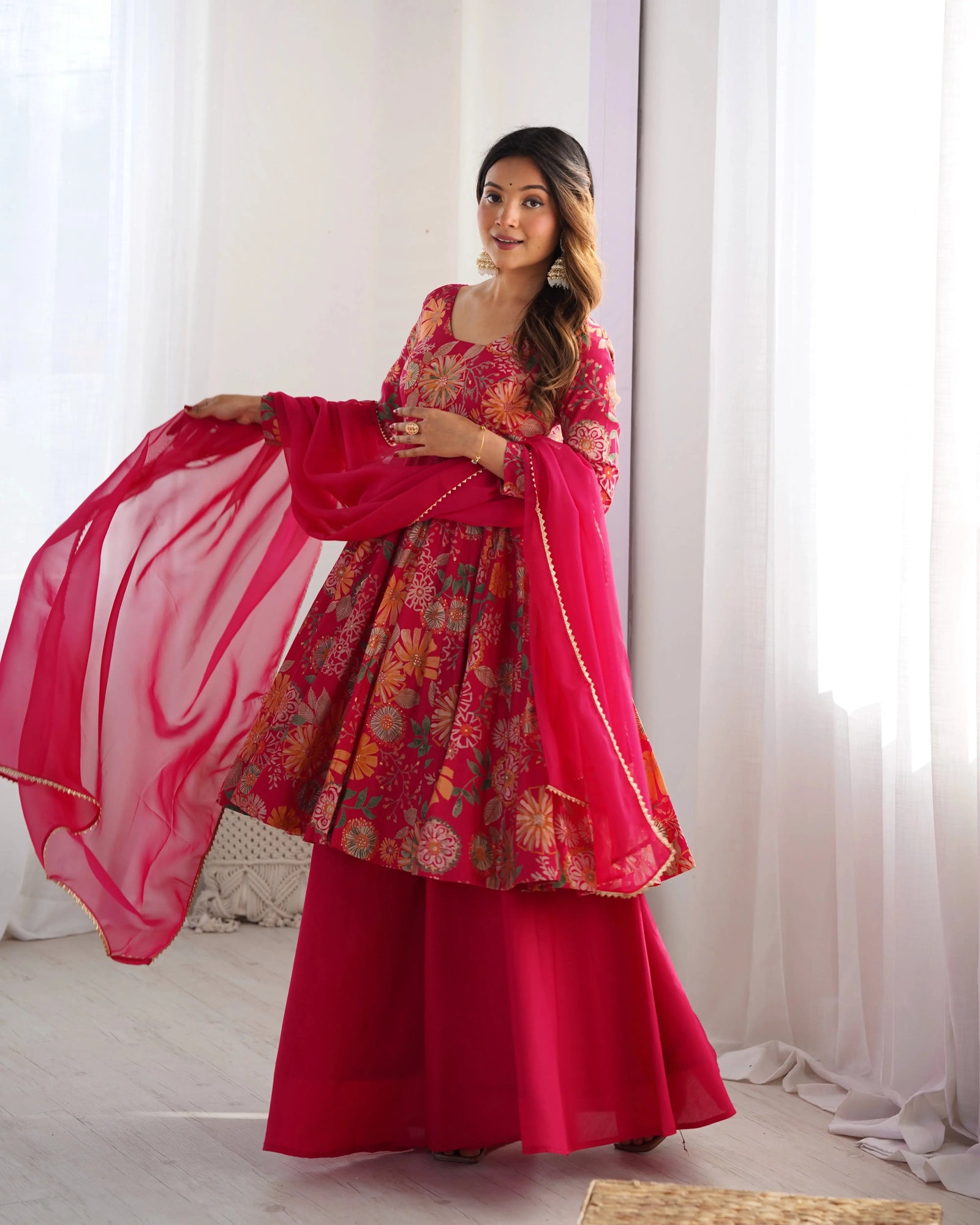 Dark Pink Discharge Print Suit, front view with palazzo