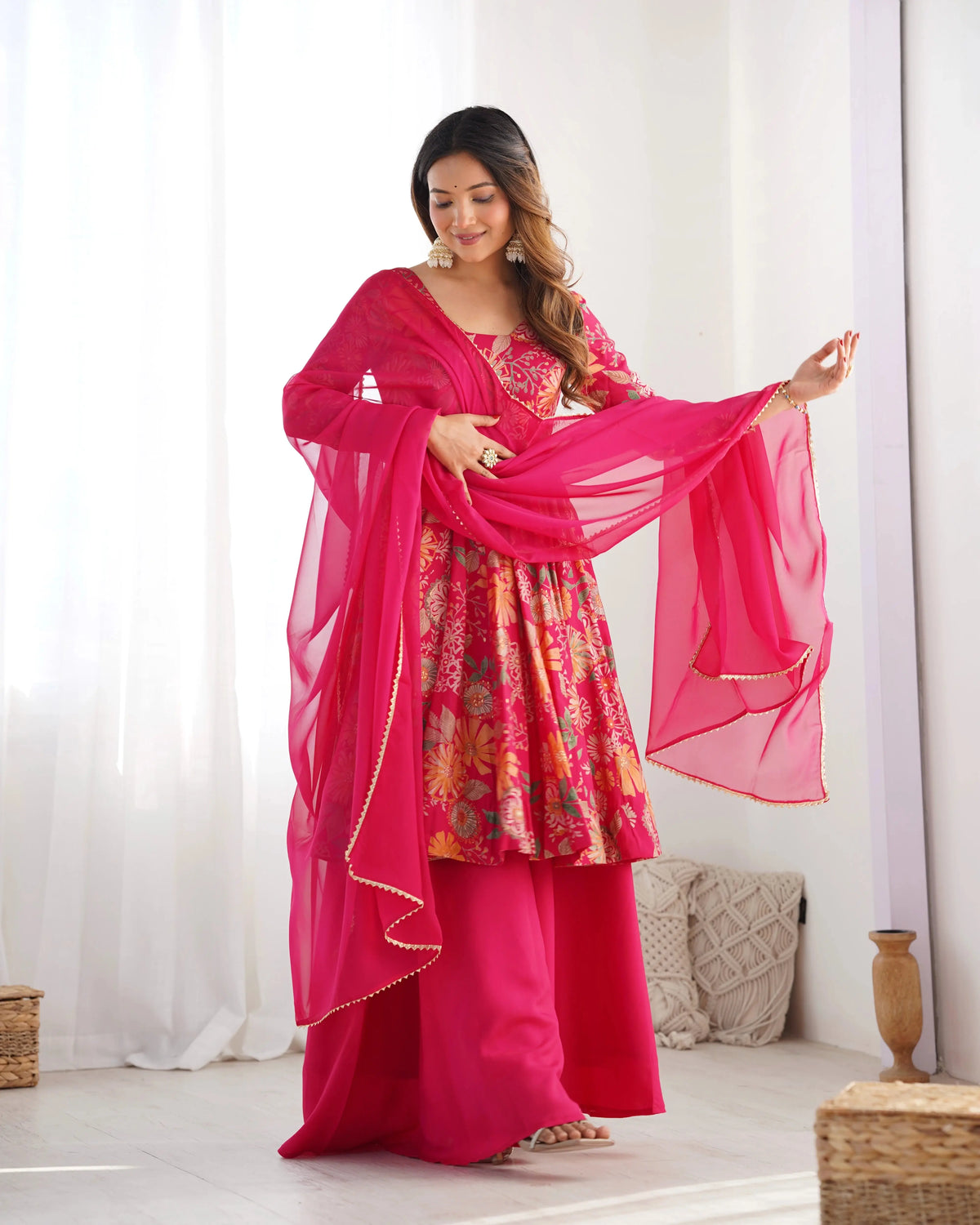 Dark Pink Discharge Print Suit, front view showing floral print